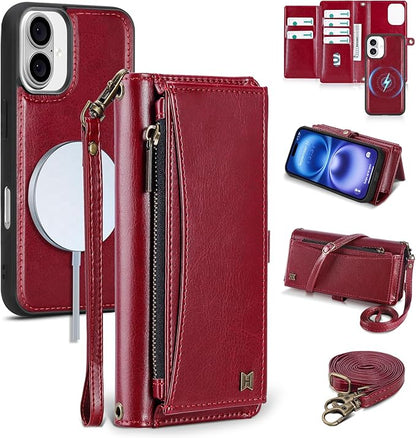 Wallet Case for iPhone 16 with Card Holder/Crossbody Wallet/Strap| RFID Blocking | Magnetic | Kickstand | Detachable | PU Leather Phone Case for iPhone 16,6.1 in,Wine Red