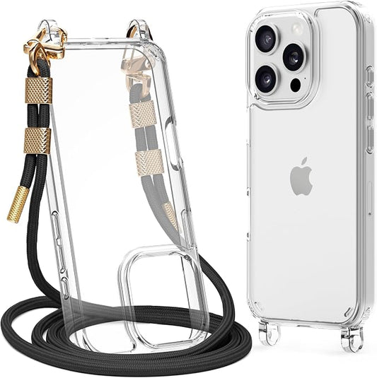 for iPhone 16 Pro Max Case with Strap, Clear Shockproof Crossbody Phone Cover w/Removable Anti-Theft Adjustable Lanyard for Women, Travel, Shopping, Hiking (6.9", Black)