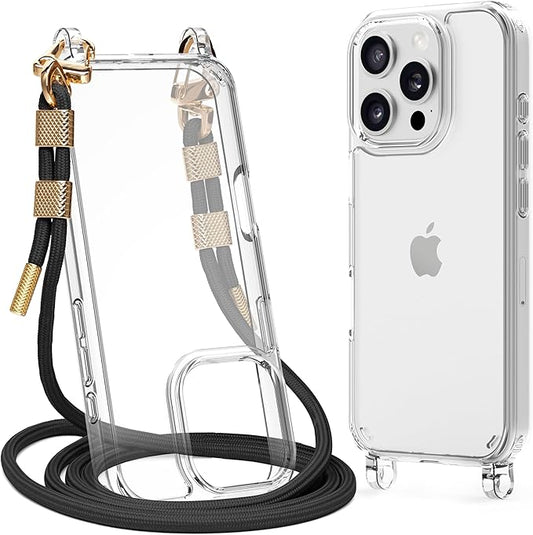 for iPhone 16 Pro Case with Strap, Clear Shockproof Crossbody Phone Cover w/Removable Anti-Theft Adjustable Lanyard for Women, Travel, Shopping, Hiking (6.3", Black)