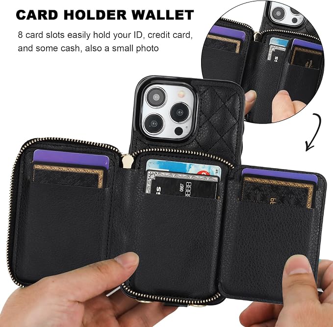 Bocasal Crossbody Wallet Case for iPhone 15 Pro Max, RFID Blocking PU Leather Zipper Handbag Purse Flip Cover, Kickstand Folio Case with Card Slots Holder Wrist Strap Lanyard 5G 6.7 Inch (Black)