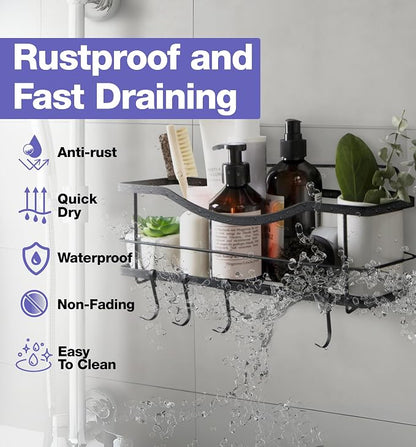 KINCMAX Premium Shower Caddy - Self Adhesive Shower Shelf with 4 Hooks - No Drill Large Capacity Stainless Steel Rack - Aesthetic Organizer for Bathroom Wall Decor - Matte Black