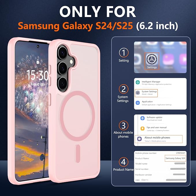 For Samsung Galaxy S24 Case & Galaxy S25 Case [Compatible with Magsafe] Translucent Matte Magnetic Phone Case,Slim Thin Duty Shockproof Protection Cover with 2pc HD Screen Protector for S24/S25-Pink