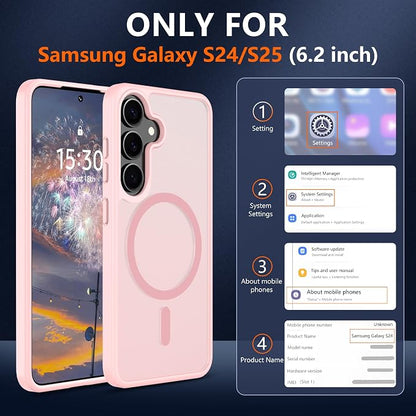 For Samsung Galaxy S24 Case & Galaxy S25 Case [Compatible with Magsafe] Translucent Matte Magnetic Phone Case,Slim Thin Duty Shockproof Protection Cover with 2pc HD Screen Protector for S24/S25-Pink