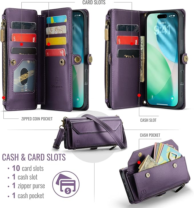 Strapurs Wallet Case Compatible with iPhone Air 6.5" RFID Blocking 10-Card Holder Soft PU Leather Magnetic Snap Shoulder Strap Zipper Pocket Phone Case Fit for iPhone 17 Air for Women - Purple