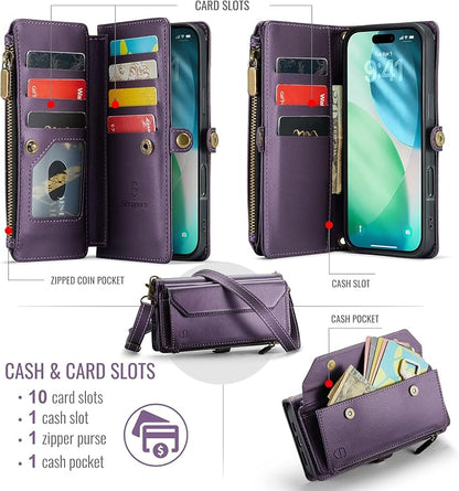 Strapurs Wallet Case Compatible with iPhone Air 6.5" RFID Blocking 10-Card Holder Soft PU Leather Magnetic Snap Shoulder Strap Zipper Pocket Phone Case Fit for iPhone 17 Air for Women - Purple