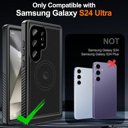 GOLDJU 2025 New Designed for S24 Ultra Leather Case Waterproof, [Built-in Screen Protector, ][Compatible with MagSafe] Full Body Shockproof Protective Cover for Samsung Galaxy S24 Ultra 6.8'' - Black