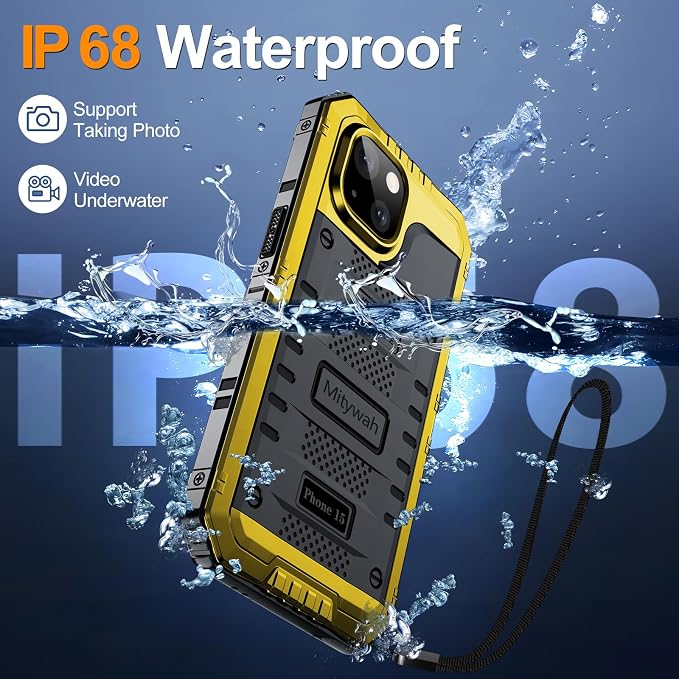 Mitywah Waterproof Case for iPhone 15, Heavy Duty Shockproof Case with Built-in Screen Protector, Full Body Underwater Protective Metal Case 6.1 inch, Yellow