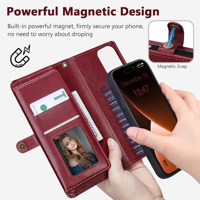 Wallet Case for iPhone 15 Pro with Card Holder/Crossbody Wallet/Strap| RFID Blocking | Magnetic | Kickstand | Detachable | PU Leather Phone Case for iPhone 15 Pro,6.1 in,Wine Red