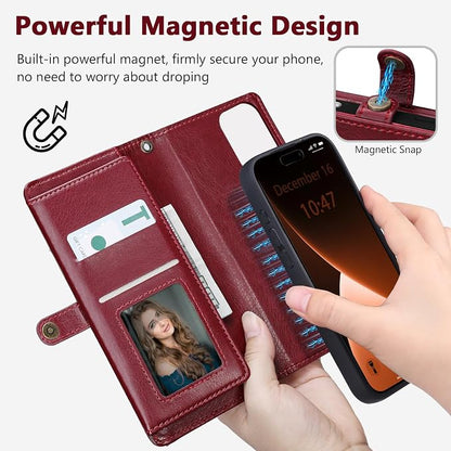 Wallet Case for iPhone 15 Pro with Card Holder/Crossbody Wallet/Strap| RFID Blocking | Magnetic | Kickstand | Detachable | PU Leather Phone Case for iPhone 15 Pro,6.1 in,Wine Red