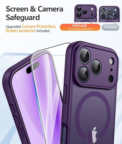 FNTCASE for iPhone 17 Pro Max Case: [Compatible with Magsafe] Translucent Matte Cases with [Full Camera Protection] [Screen Protector] Military Grade Shockproof Protective Phone Cover - Purple