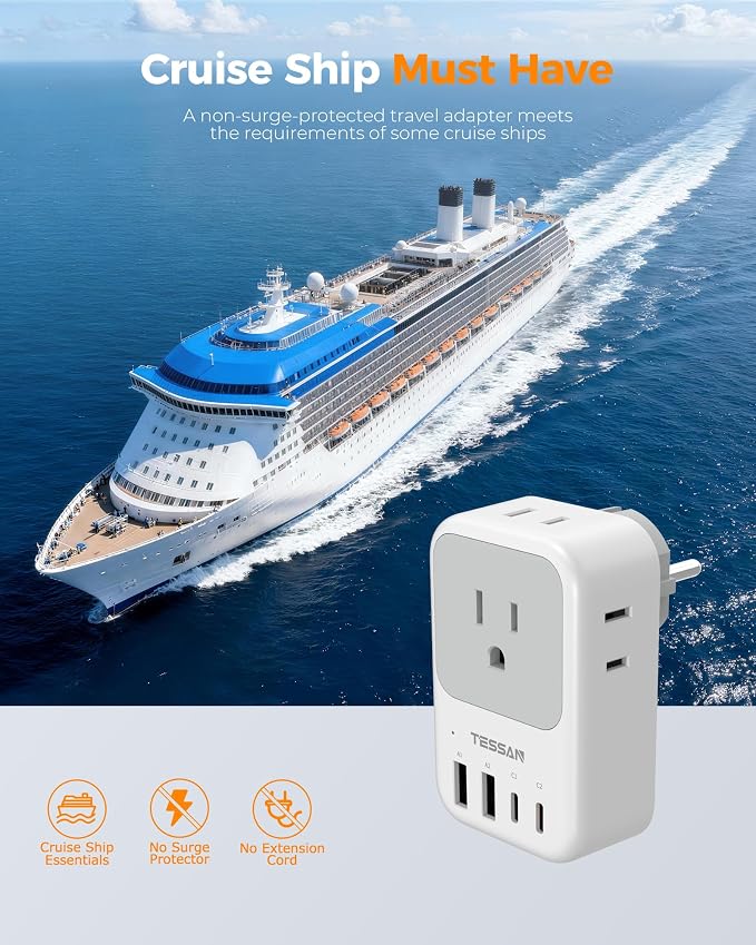 TESSAN Type F Plug Adapter 2 Pack, PD 20W South Korea Outlet Adapter with 4 AC Outlets 4 USB Ports (2 USB C), Type E Power Adaptor for US to Europe Spain Germany France Iceland Greece Russia Norway