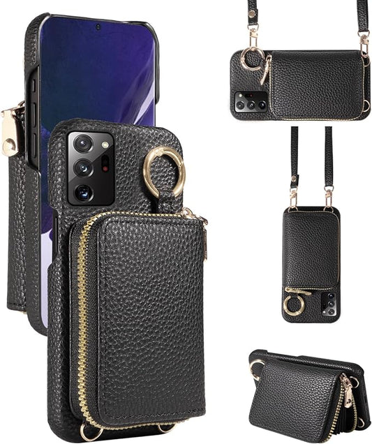 Wallet Case for Samsung Galaxy Note 20 Ultra 5G, Shoulder Strap Ring Buckle, Zipper Flip Organ Purse, Card Holder Phone Cover for Note20 Plus Notes 20Ultra Note20+ U + 20+ Twenty Not S20 Black