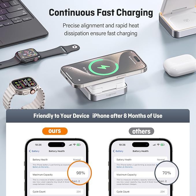 【2026 Upgraded】Wireless Charger 3 in 1, Foldable Wireless Charging Station with Light for Apple MagSafe Charger, Travel Magnetic Charger for iPhone 17/16/15/14/13/12 Apple Watch AirPods (20W Adapter)