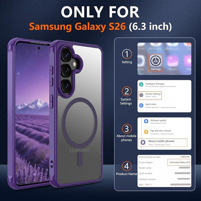 for Galaxy S26 Phone Case: Samsung S26 Phone Case with 2PC HD Screen Protector, Wireless Charging Samsung S26 Case Matte Translucent Soft-Touch & Shockproof Funda para S 26,Purple