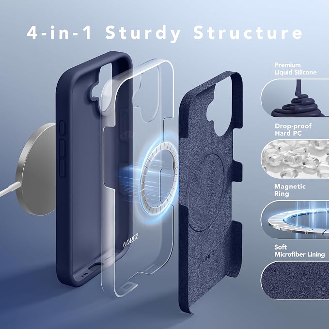 GONEZ Magnetic for iPhone 16 Case, Compatible with MagSafe, [Screen Protector + Camera Lens Protector], Liquid Silicone Shockproof Protective Phone Case for iPhone 16 6.1", Midnight Blue