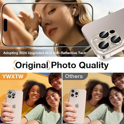 YWXTW for iPhone 16 Pro/iPhone 16 Pro Max Camera Lens Protector, [New Glitter Design] Full Bling Sparkly Diamond Tempered Glass Screen Protector Metal Camera Cover Accessories (Desert Titanium)