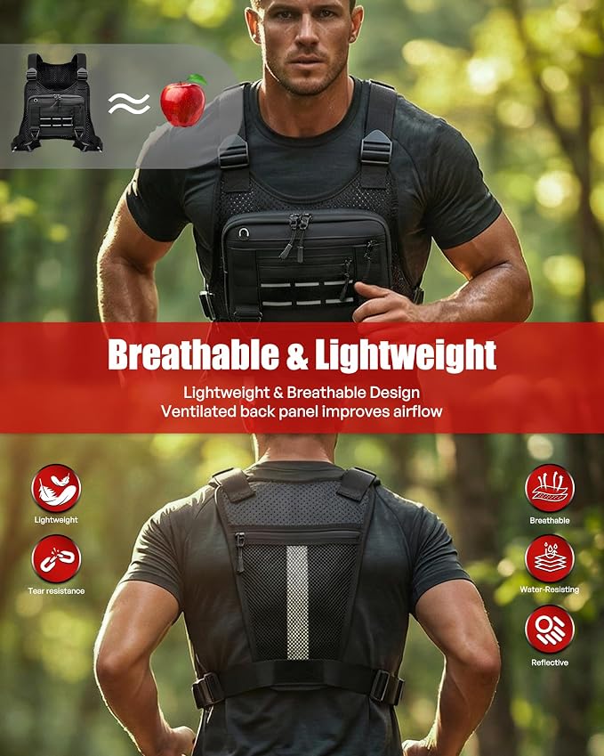 Sports Chest Bag for Men, Lightweight Water-Resistant Running Chest Pack for Workouts, Cycling, Phone Holder & Extra Storage (Black – Breathable Design)