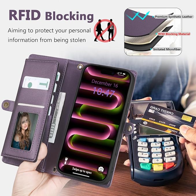 Wallet Case for iPhone 16 Pro with Card Holder/Crossbody Wallet/Strap| RFID Blocking | Magnetic | Kickstand | Detachable | PU Leather Phone Case for iPhone 16 Pro,6.3 in,Purple