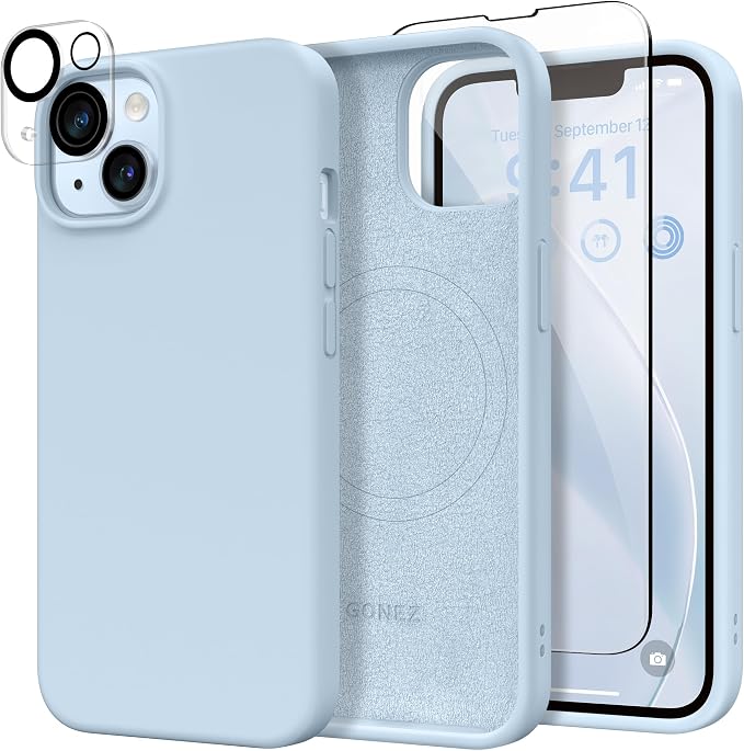 GONEZ Magnetic for iPhone 14 Case, Compatible with Magsafe, with Screen Protector + Camera Protector, Anti-Scratch Microfiber Lining, Liquid Silicone Shockproof Protective Phone Case, Blue