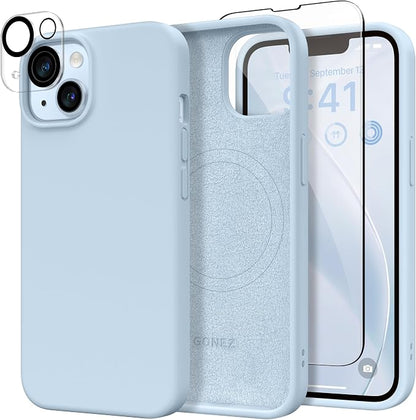 GONEZ Magnetic for iPhone 14 Case, Compatible with Magsafe, with Screen Protector + Camera Protector, Anti-Scratch Microfiber Lining, Liquid Silicone Shockproof Protective Phone Case, Blue