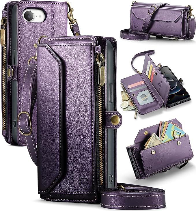 Strapurs Crossbody Wallet Case Compatible with iPhone 17e / iPhone 16e RFID Blocking 7-Card Holder PU Leather Magnetic Snap Shoulder Strap Zipper Pocket Phone Cases for iPhone 17e / 16e - Purple