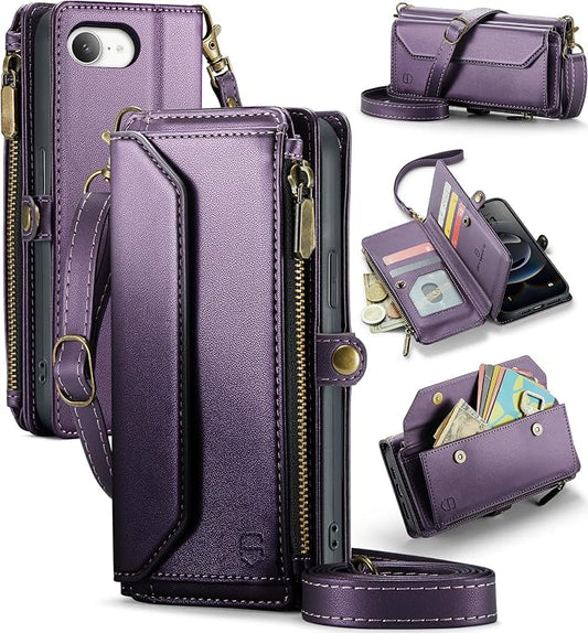 Strapurs Crossbody Wallet Case Compatible with iPhone 17e / iPhone 16e RFID Blocking 7-Card Holder PU Leather Magnetic Snap Shoulder Strap Zipper Pocket Phone Cases for iPhone 17e / 16e - Purple