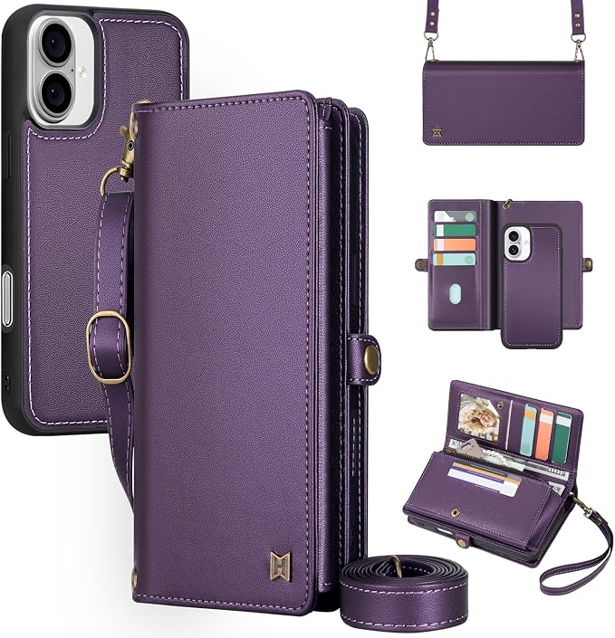 for Wallet Case Compatible with iPhone 16 Plus,Multi-Function Detachable 2 in 1 Magnetic iPhone 16 Plus Case Wallet,Flip Strap Zipper Card Holder Phone Case with Shoulder Straps (Pruple)
