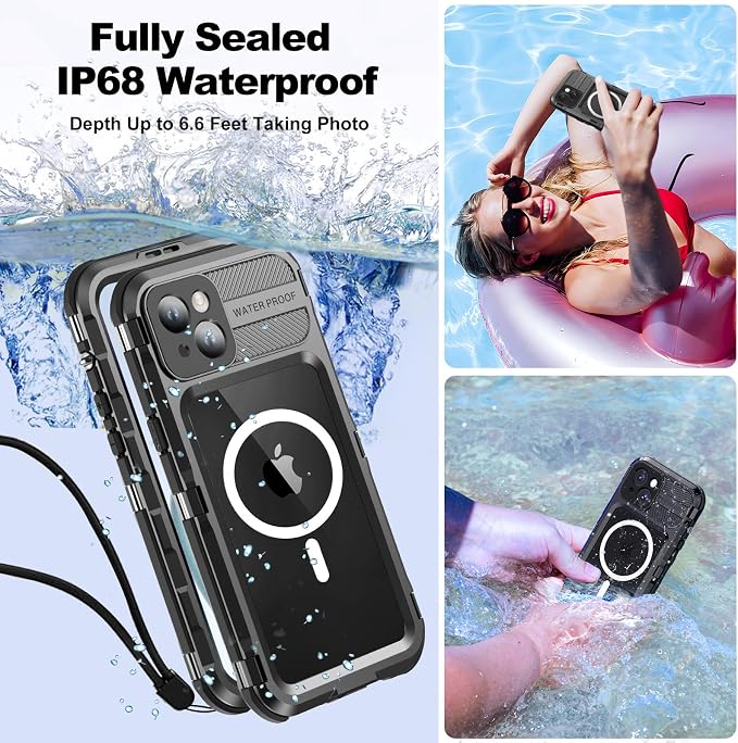 WIFORT for iPhone 15 Waterproof Case - Metal Full Body Protection Case Built-in [Screen Protector][IP68 Water Proof][14FT Military Grade Dropproof][Compatible with MagSafe] Phone Cover, 6.1" Black