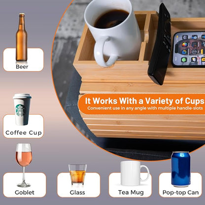 Couch Cup Holder, Bamboo Sofa Armrest Tray with Detachable Cup Holder – Foldable Anti-Slip Sofa Table Armrest Tray for Drinks, Snacks, Remotes & Phones – Universal Fit Organizer, Easy to Clean