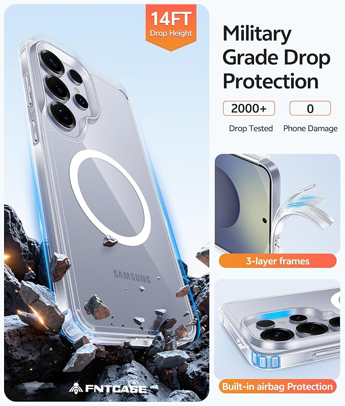 FNTCASE for Galaxy S25 Ultra Case Clear, Fit for Magsafe, Screen Protector | Anti Yellowing Magnetic Back, 14FT Military Grade Drop Protection, Shockproof Protective Phone Cover, Transparent