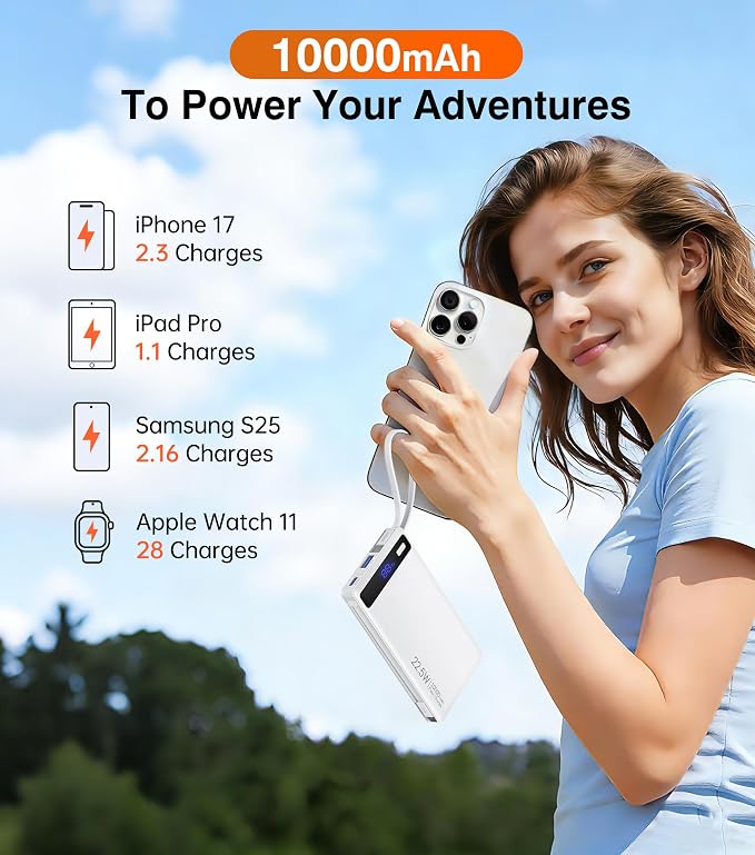 Power Bank with 2 Built-in Cables 10000mAh, 22.5W PD Slim Portable Charger USB C Battery Pack, Travel Essentials Fast Charging Powerbank Compatible with iPhone 17 16 Plus Pro Galaxy iPad White(1 Pack)