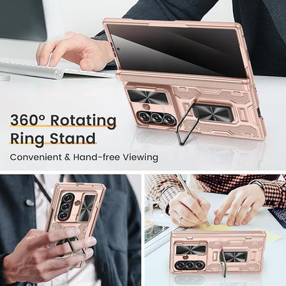 VEGO for Galaxy Z Fold 7 Case with Stand,Built-in Privacy Screen Protector | Slide Camera Cover & Hinge Protection Military Grade Shockproof Rugged Full Body Anti-Drop Case for Z Fold 7 2025-Rose Gold