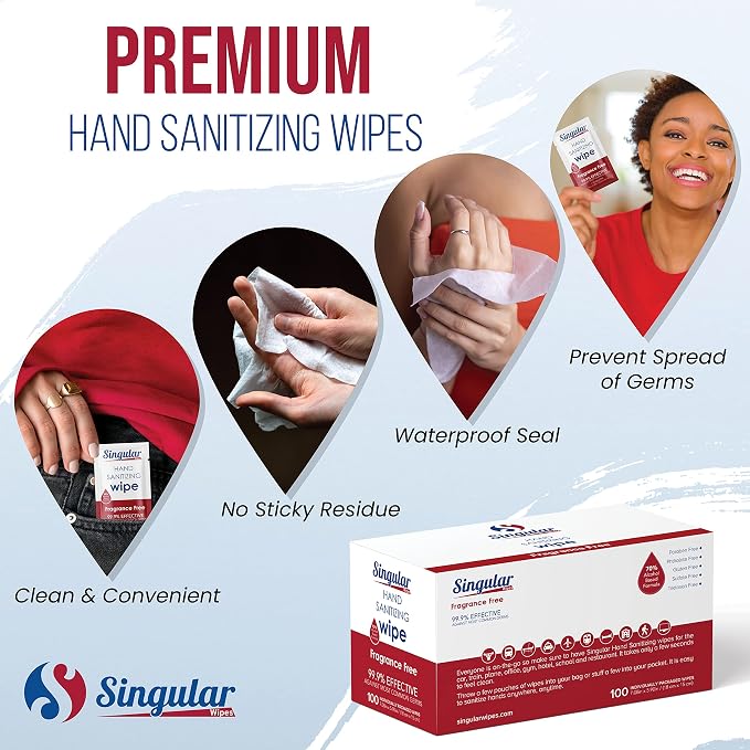 Hand Sanitizing Wipes Travel Size by Singular Wipes –100ct Individually Wrapped | Fragrance-Free, Moisturizing, 70% Isopropyl Alcohol Wipes | Travel, Home, Office, Daily Use