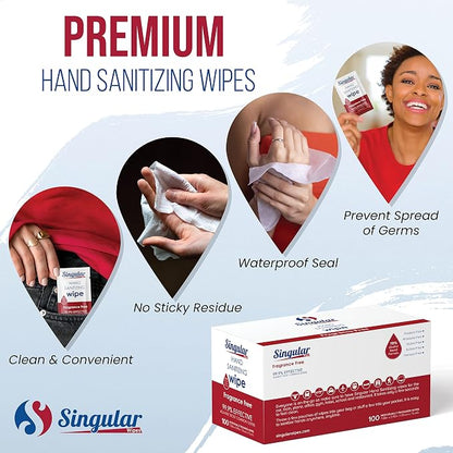 Hand Sanitizing Wipes Travel Size by Singular Wipes –100ct Individually Wrapped | Fragrance-Free, Moisturizing, 70% Isopropyl Alcohol Wipes | Travel, Home, Office, Daily Use
