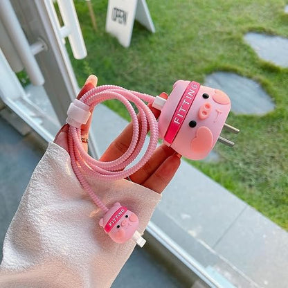 Compatible with iPhone 18W/20W USB-C Charger Protector Cover, 3D Cute Cartoon Charger Case for Apple iPhone 20W USB-C Power Adapter and Lightning Cable Protective Wire Saver (Fitting Pig)