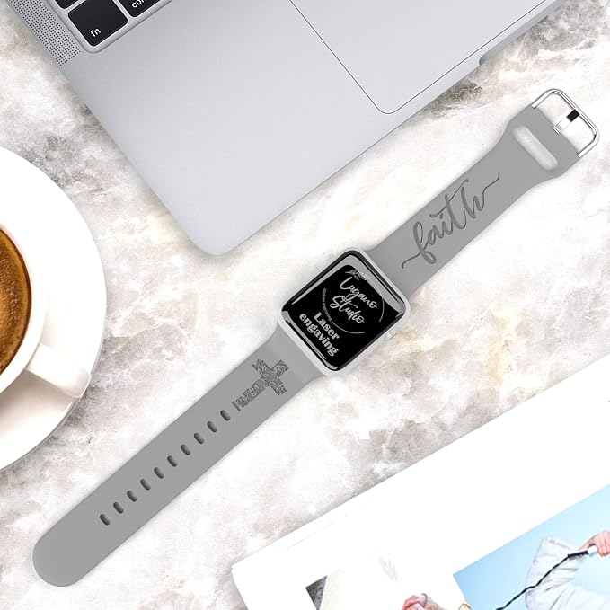 Faith with Cross Watch Band Compatible with Apple Watch Laser Engraved iWatch Band Silicone 38mm 40mm 41mm 42mm 44mm 45mm 46mm 49mm Strap Jesus Psalm Christian God Blessed (Grey, 38/40/41mm M/L)