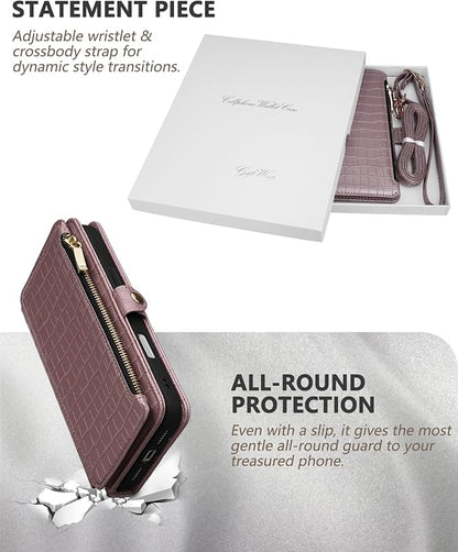 Crossbody Wallet Case for iPhone 17 Pro Max with Mirror, Wrist Strap, Zipper Purse Magnetic Flip, RFID Blocking Card Holder, Wireless Charging, PU Leather Shockproof 6.9" Women (Rose Gold)