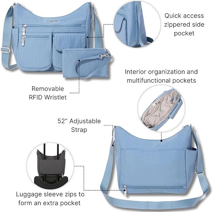 Baggallini womens Everywhere Bagg Crossbody Women 11x9 Lightweight Nylon Hobo Water-resistant Travel Bag W/Rfid