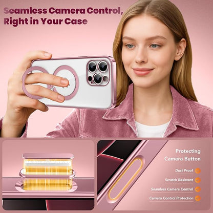GolbinBox for iPhone 16 Pro Case with 360° Spin Magnetic Stand,[Compatible with Magsafe] [Military Protection][Built-in Ring Holder] Camera Control Phone Case for 16 Pro,Pink/Clear