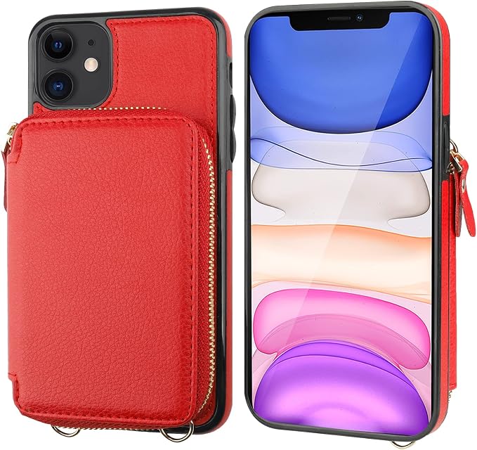 Bocasal RFID Blocking Wallet Case for iPhone 11, Adjustable Crossbody Zipper Purse Case Card Holder with Kickstand Detachable Wrist Strap, PU Leather Flip Folio Case 6.1 Inch (Red)