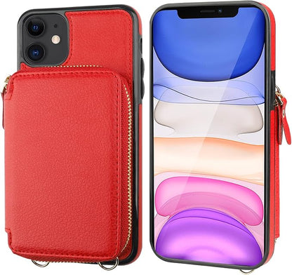 Bocasal RFID Blocking Wallet Case for iPhone 11, Adjustable Crossbody Zipper Purse Case Card Holder with Kickstand Detachable Wrist Strap, PU Leather Flip Folio Case 6.1 Inch (Red)