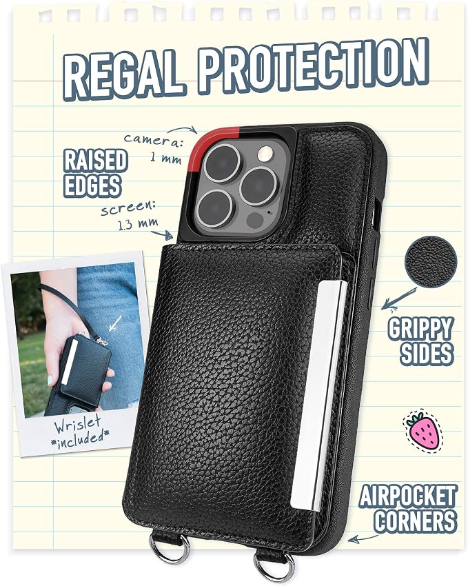 Smartish iPhone 13 Pro Crossbody Wallet Case for Women - Dancing Queen [Purse/Clutch with Detachable Strap & Wristlet] Protective Cover with Credit Card Holder - Stiletto Black-Silver