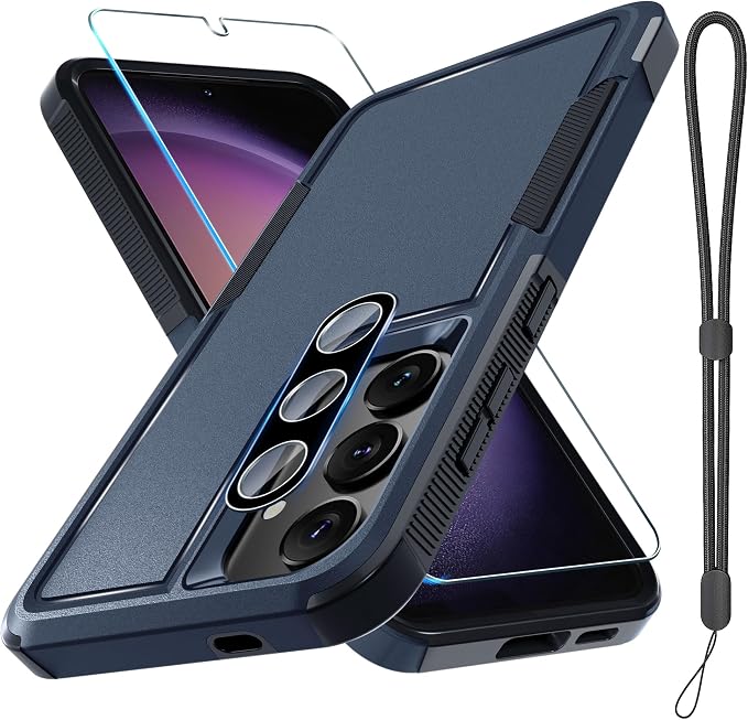 RMOCR Case for Samsung Galaxy S25 Plus, Full Body Heavy Duty Rugged Shockproof Protective Phone Cover with Lanyard Strap, Tempered Glass Screen Protector and Camera Lens Cover, Navy Blue