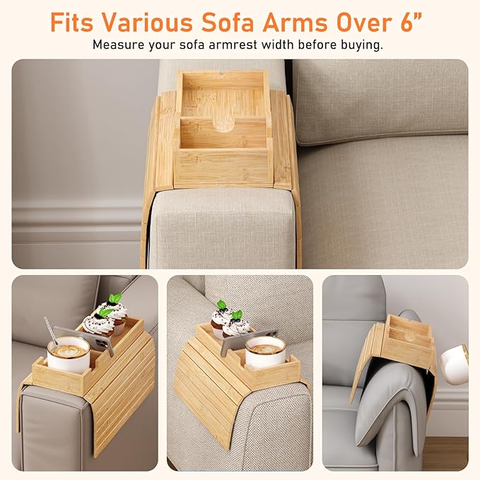 Bamboo Foldable Sofa Armrest Tray with Magnetic Detachable Cup Holder & Anti-Slip Pad | Versatile Couch Arm Table for Drinks, Snacks, Phone, Remote Control Organizer