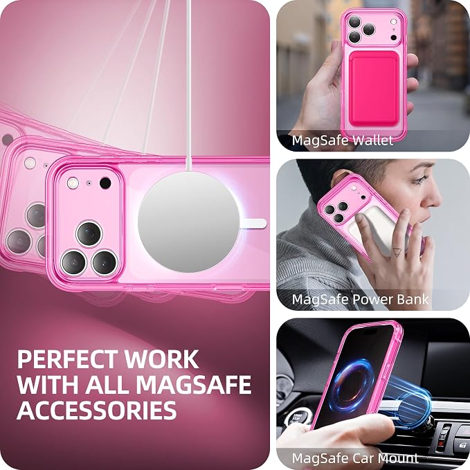 BERFY for iPhone 17 Pro Max Case, Compatible with MagSafe, Built-in Privacy Screen Protector, Camera Protection, Shockproof Full Body Phone Case 6.9", Clear Bright Pink