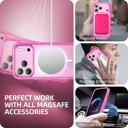 BERFY for iPhone 17 Pro Case, Compatible with MagSafe, Built-in Privacy Screen Protector, Camera Protection, Shockproof Full Body Phone Case 6.3", Clear Bright Pink