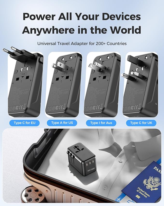 140W GaN Universal Travel Adapter, Laptop Charger International Power Adapter with 3 USB-C, USB-A & 2500W AC Outlet, Fast Charging for MacBook iPhone Samsung Laptop & More in 200+ Countries