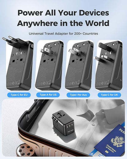 140W GaN Universal Travel Adapter, Laptop Charger International Power Adapter with 3 USB-C, USB-A & 2500W AC Outlet, Fast Charging for MacBook iPhone Samsung Laptop & More in 200+ Countries