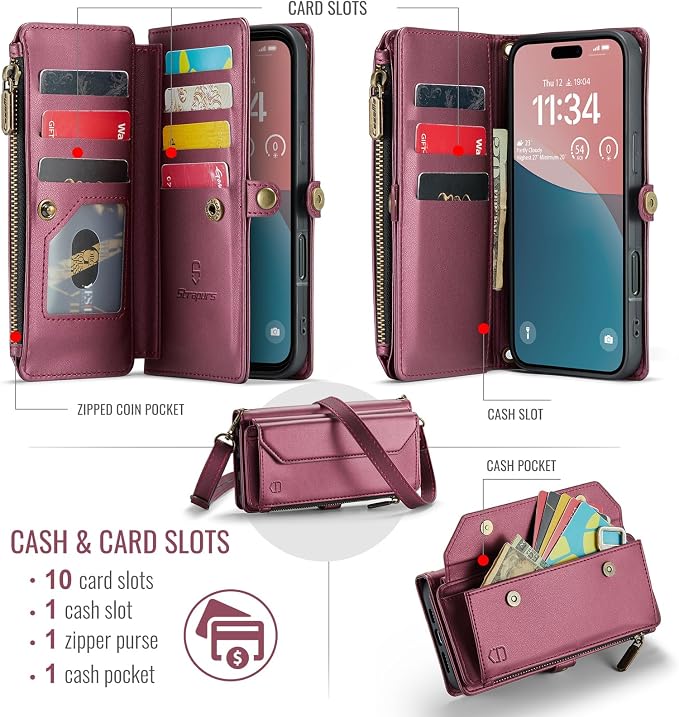 Strapurs Wallet Case Compatible with iPhone 16 Plus 6.7" RFID Blocking 10-Card Holder Soft PU Leather Magnetic Snap Shoulder Strap Zipper Pocket Phone Case Fit for iPhone 16 Plus - Wine Red