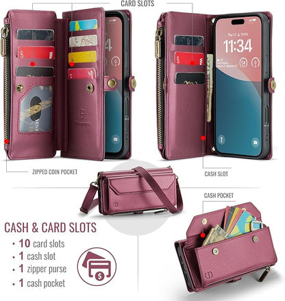 Strapurs Wallet Case Compatible with iPhone 16 Plus 6.7" RFID Blocking 10-Card Holder Soft PU Leather Magnetic Snap Shoulder Strap Zipper Pocket Phone Case Fit for iPhone 16 Plus - Wine Red